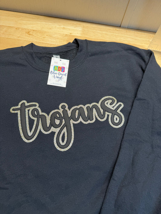 Gildan Black Crewneck Sweatshirt - Trojans Puff design with Champagne Glitter - Adult Large