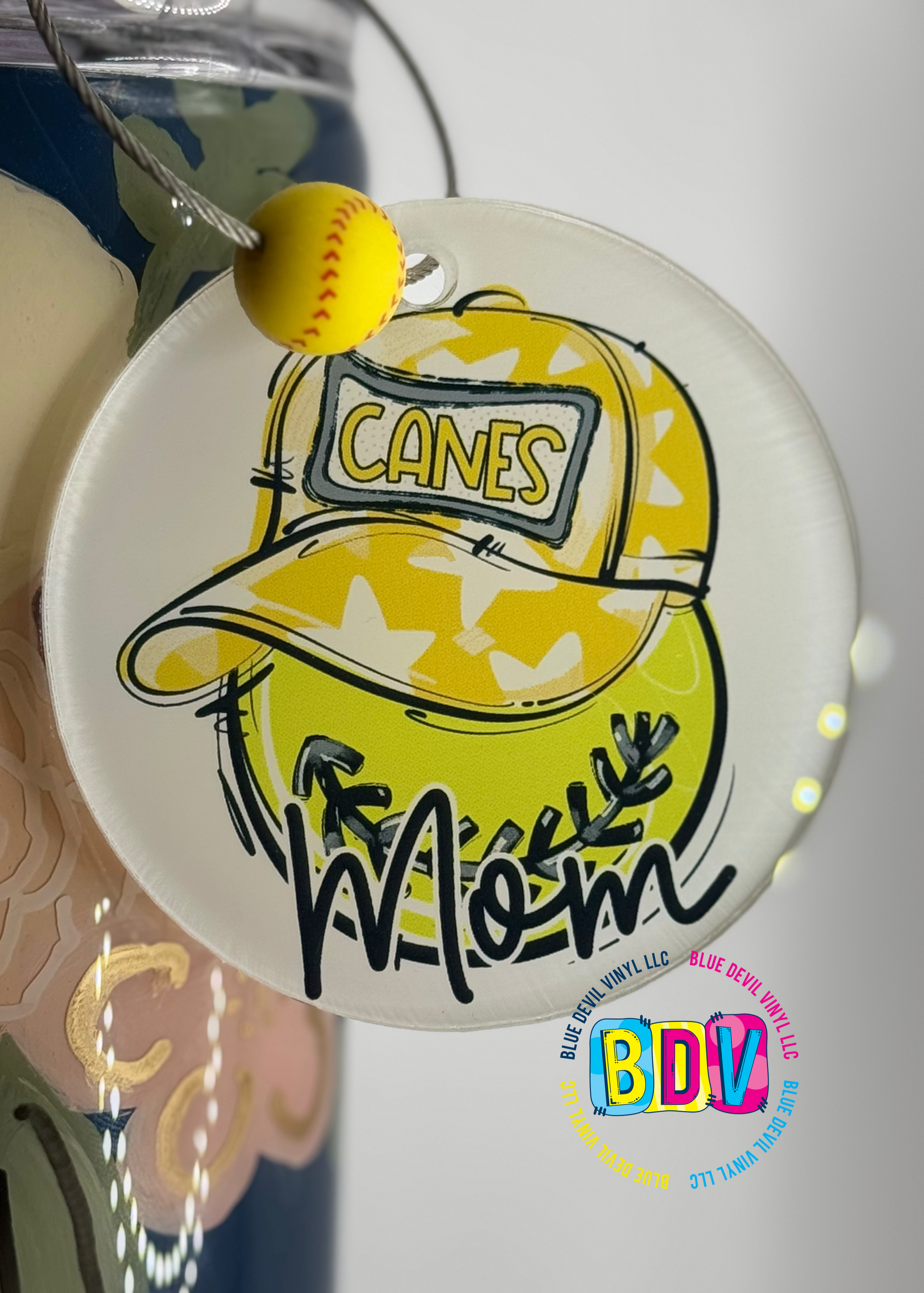 Canes Softball Mom Bag Tag with Softball Bead added 