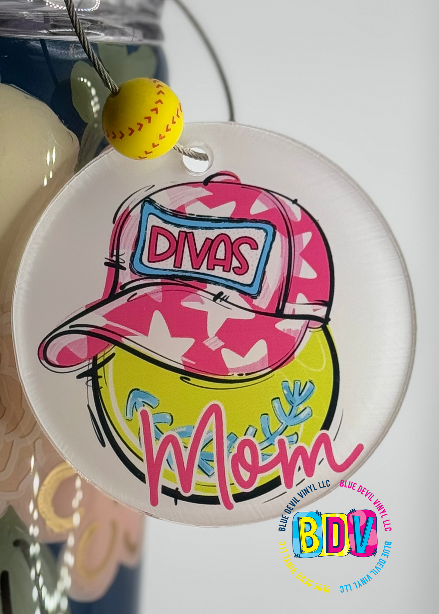 Divas Softball Mom Bag Tag with Softball Bead added 