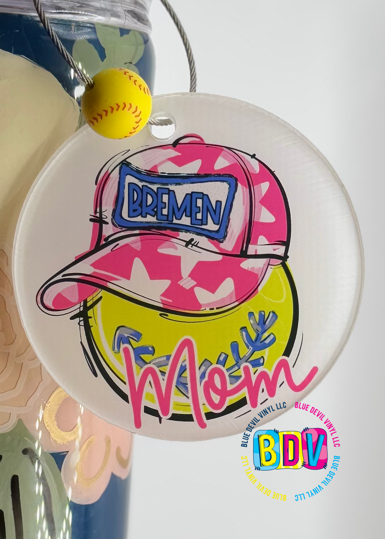 Bremen Pink Hat Softball Mom Bag Tag with Softball Bead added 