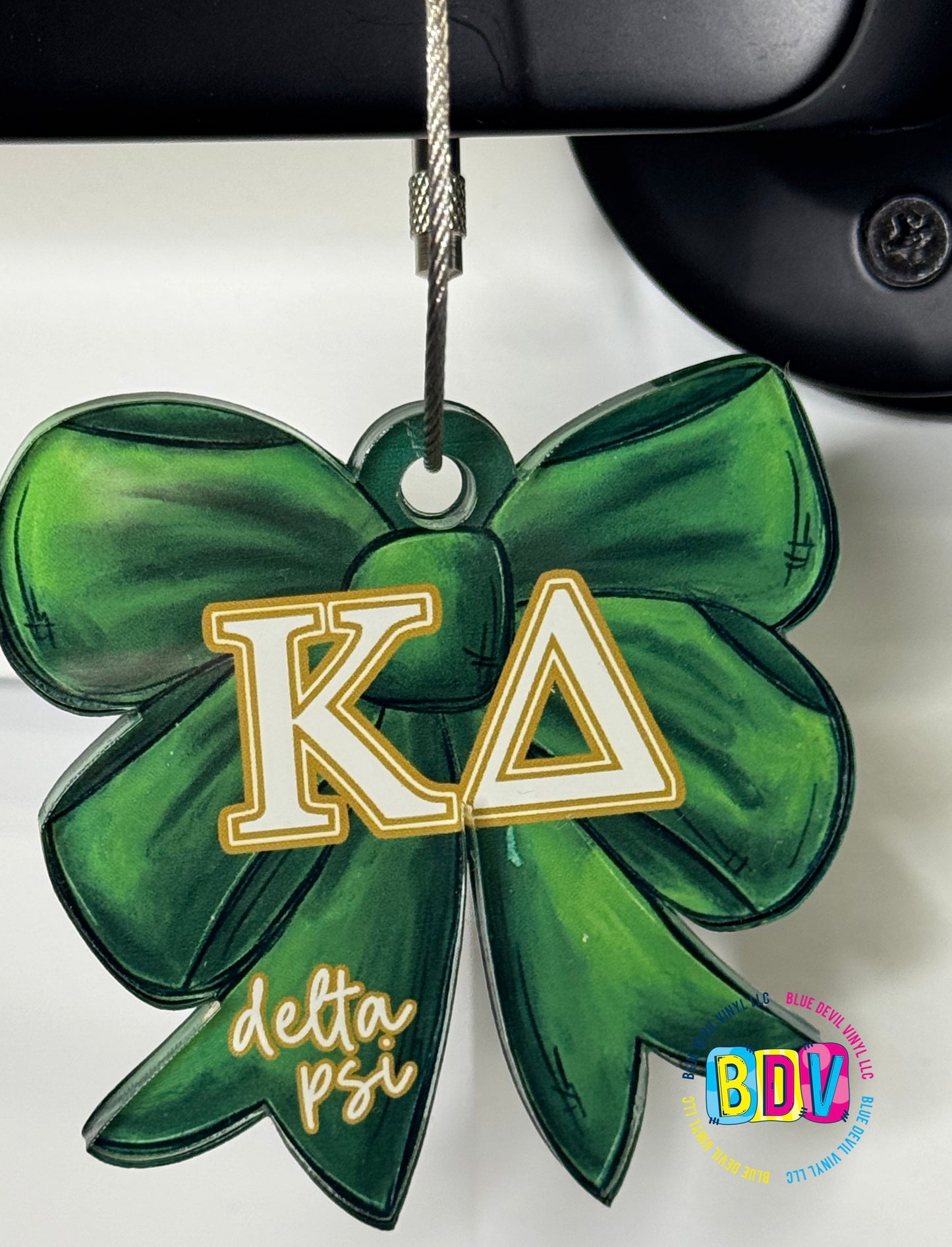 Kappa Delta Bow Bag Tag with Greek Lettering in White Chapter Added 
