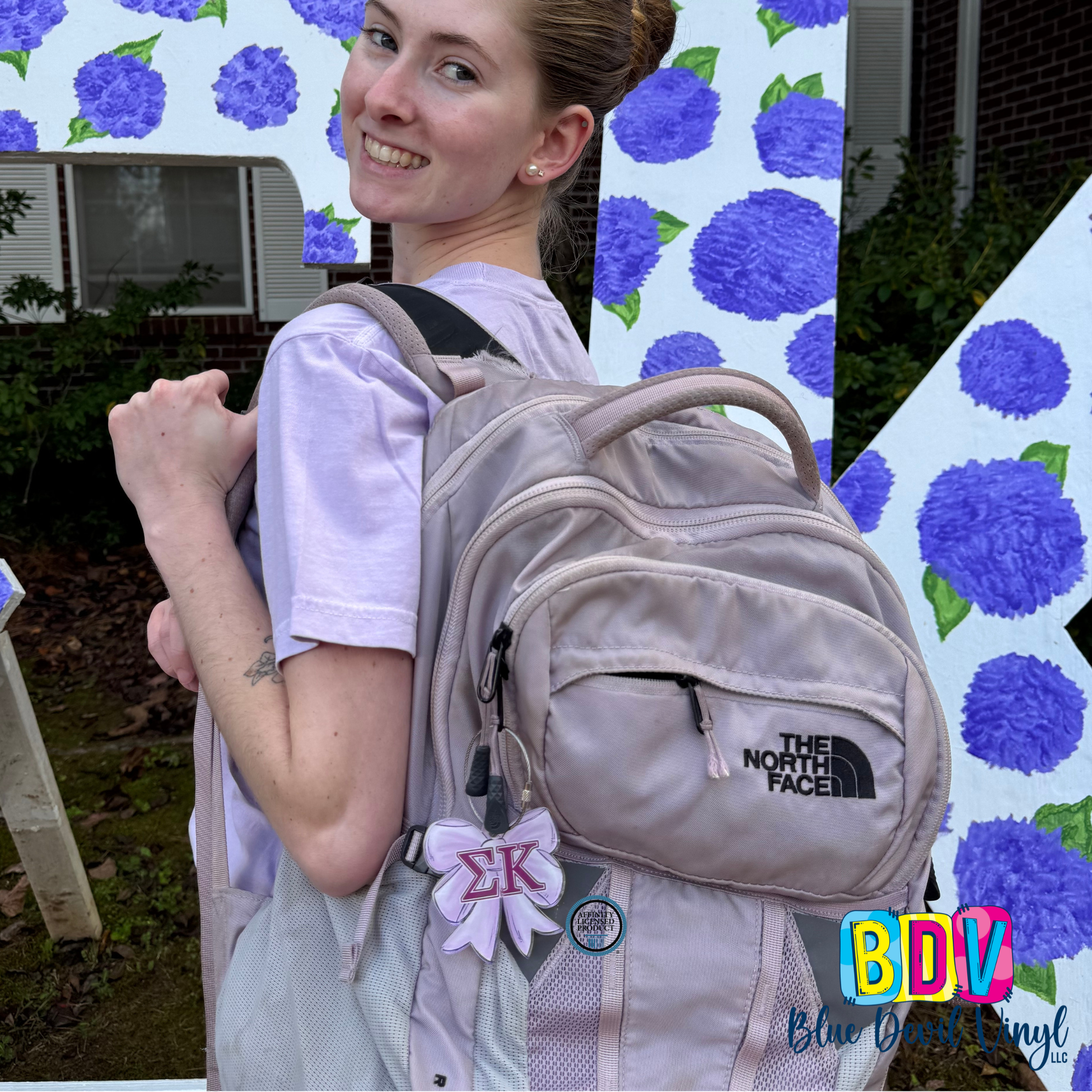 Lilac Bow Bag Tag with Sigma Kappa in Greek Lettering 
