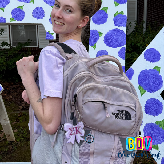 Lilac Bow Bag Tag with Sigma Kappa in Greek Lettering 