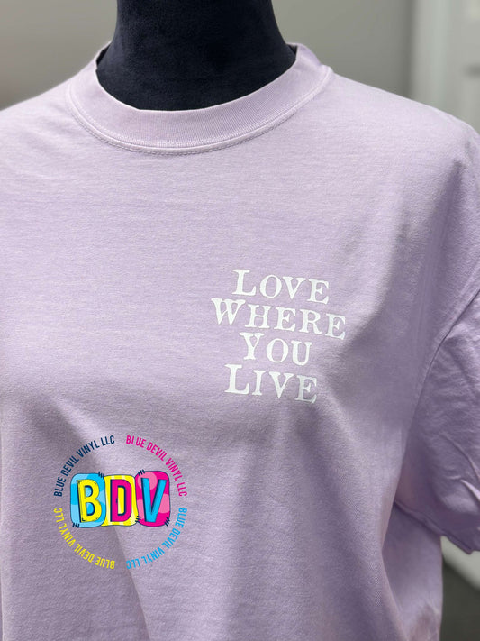Front pocket Design on the Shop Small Tee - Comfort Color Lilac Shirt