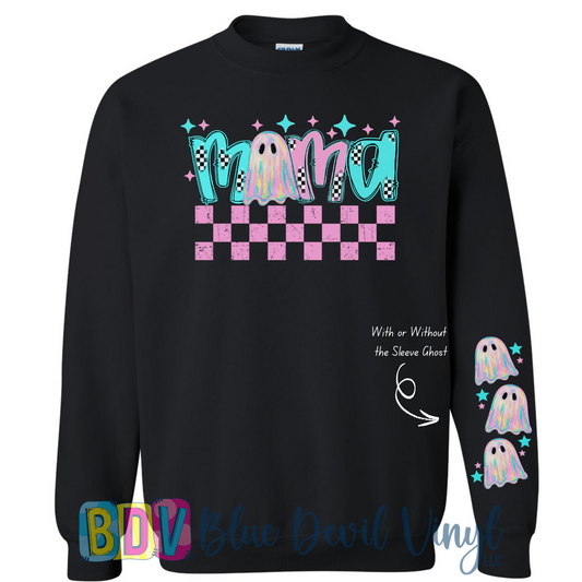 Black sweatshirt with colorful 'Mama' text and ghost graphics on a checkered background