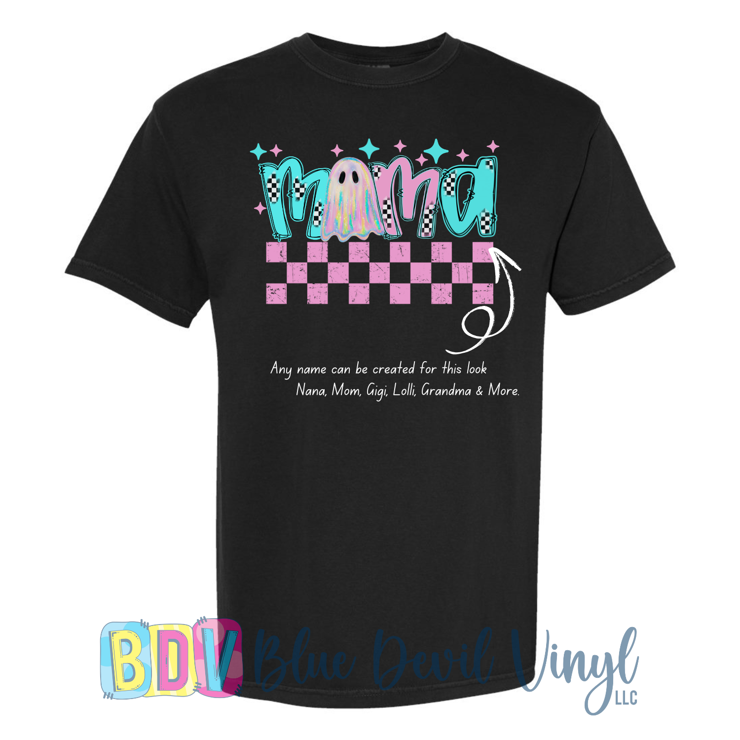 Black t-shirt with colorful 'Mama' design with customizable name examples