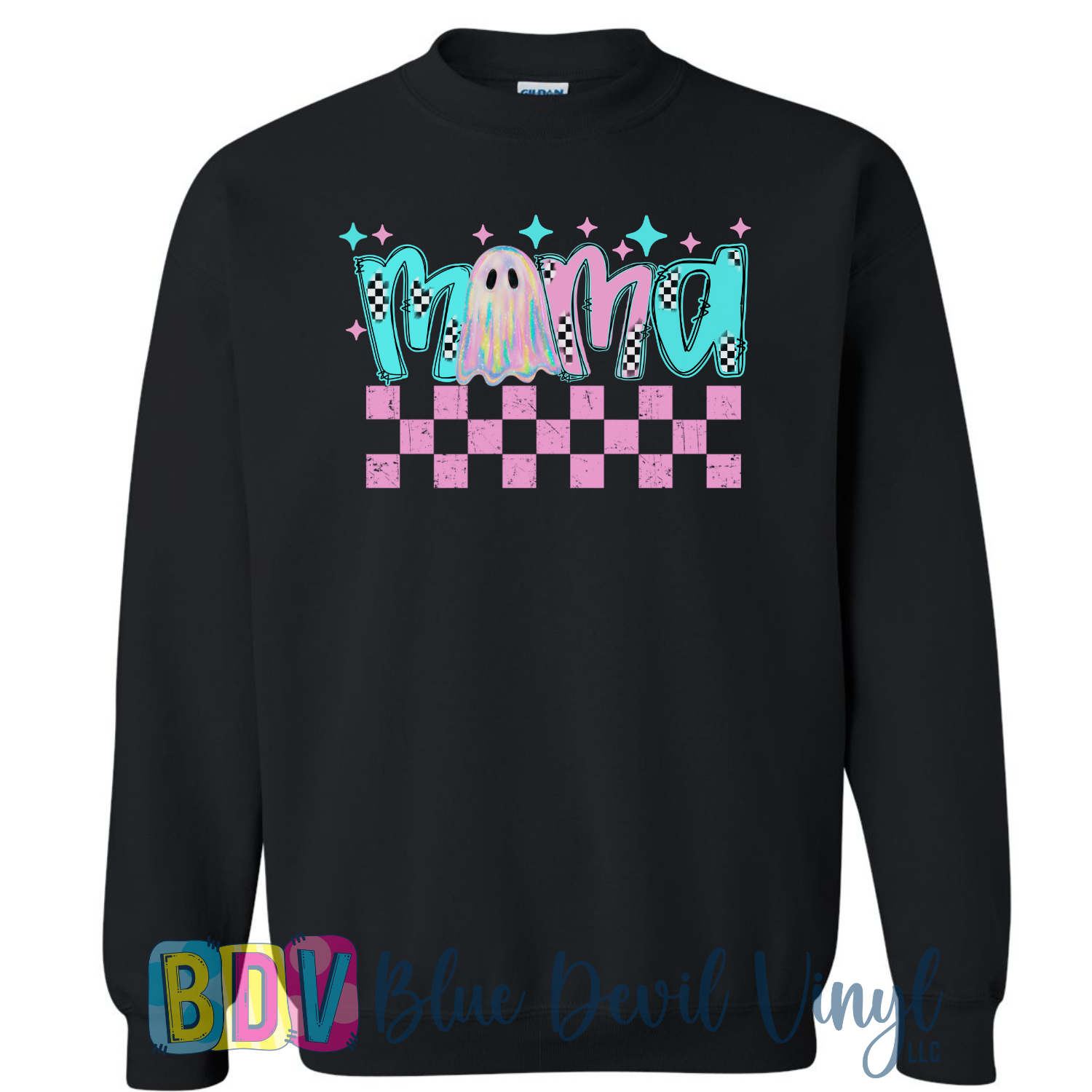 Black sweatshirt with colorful 'mama' text and checkered pattern.