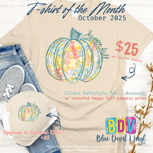 Beige t-shirt with colorful pumpkin design 
