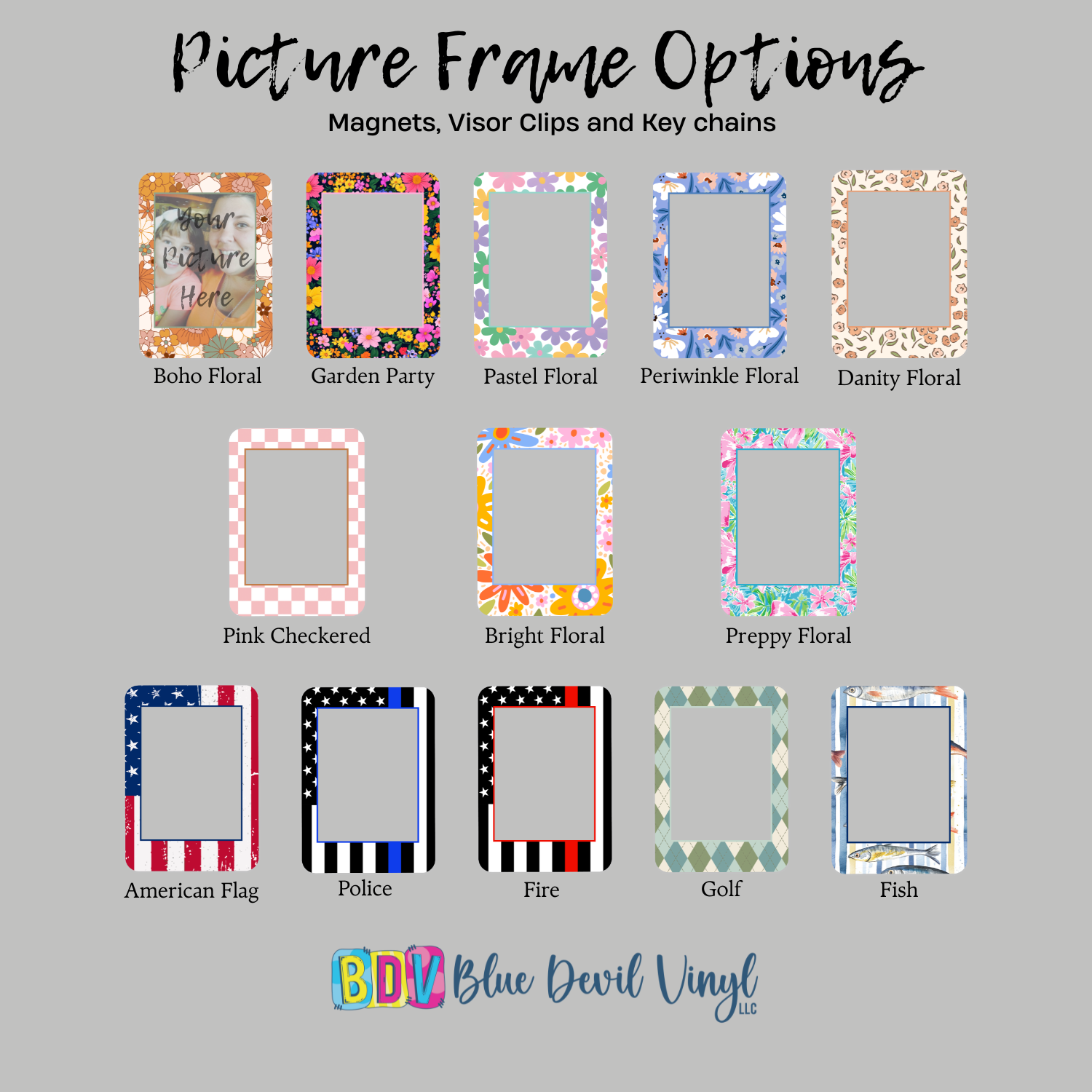 Collection of picture frame options with various designs on a gray background, featuring brand 'Blue Devil Vinyl'.