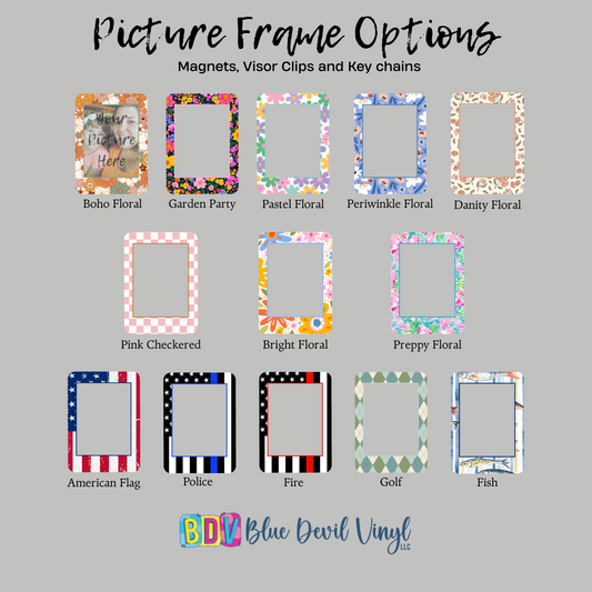 Collection of picture frame options with various designs on a gray background, featuring brand 'Blue Devil Vinyl'.