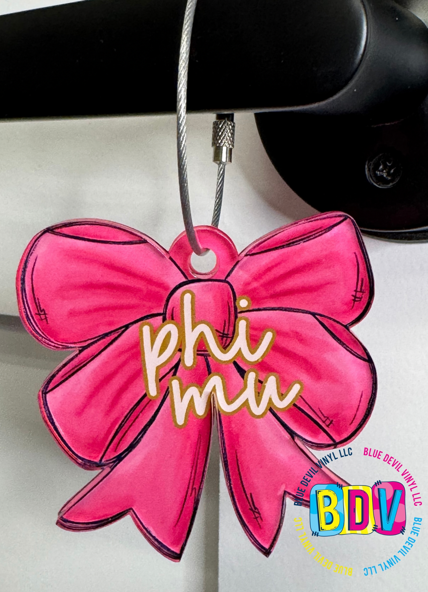 Pink Phi Mu Bag Tag with Fancy Lettering in White 