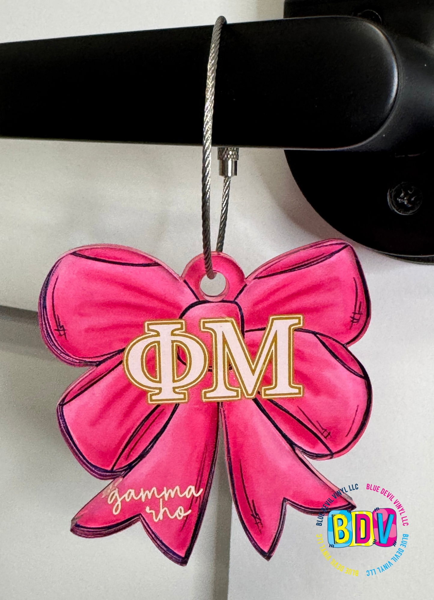 Pink Phi Mu Bag Tag with Greek Lettering in White