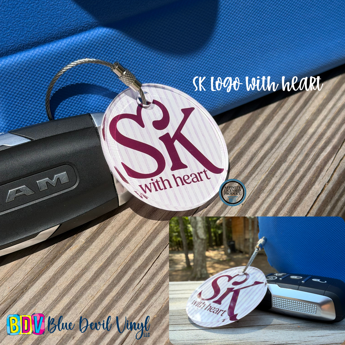 A round white vinyl car keychain tag with a silver split ring, featuring a maroon 'SK with heart' logo and text. The collage shows the keychain resting on a black car key fob, a blue textured surface, and a wooden deck, with a logo for 'BDV Blue Devil Vinyl LLC' in the corner.