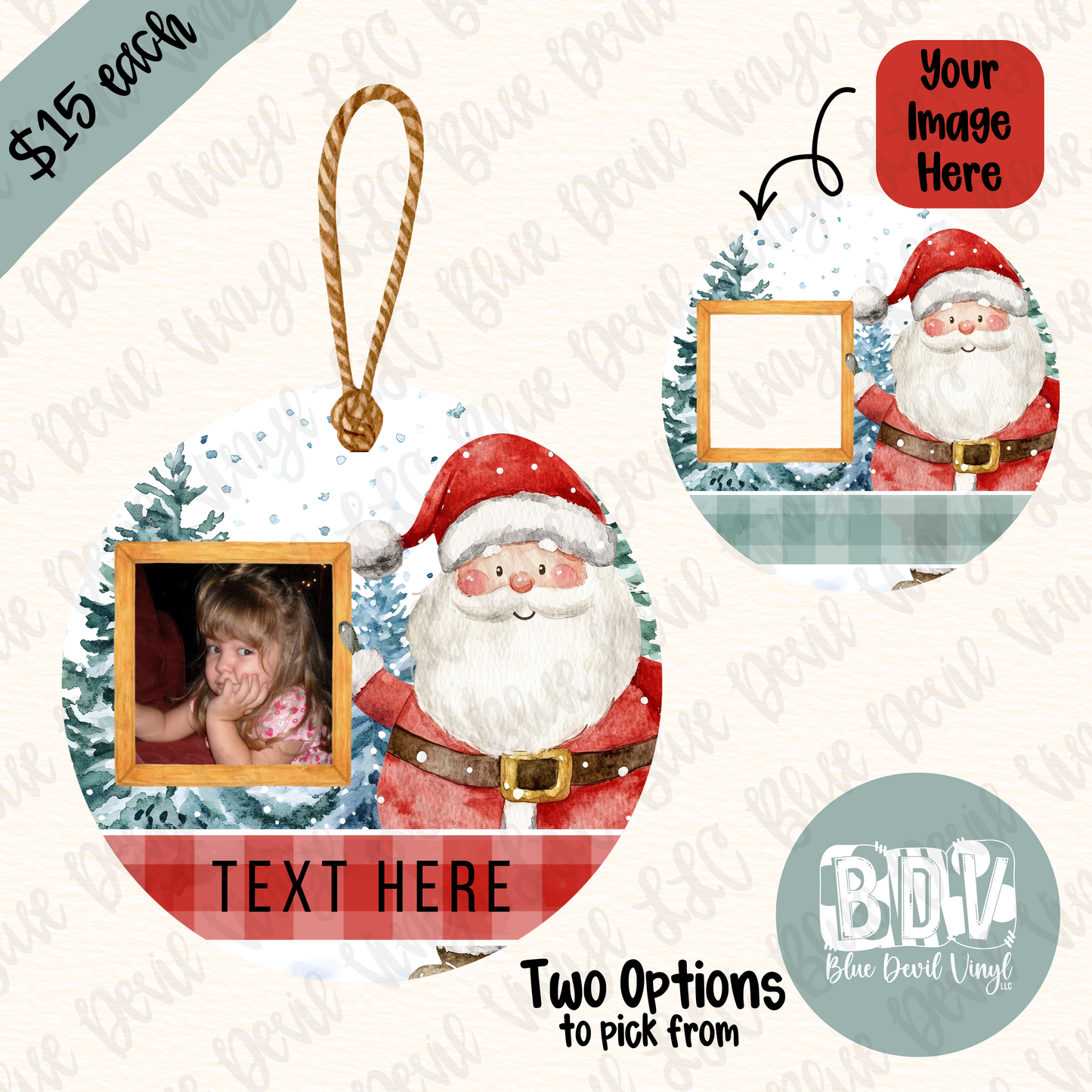 Personalizable Christmas ornament with Santa Claus design, customizable text and photo areas.