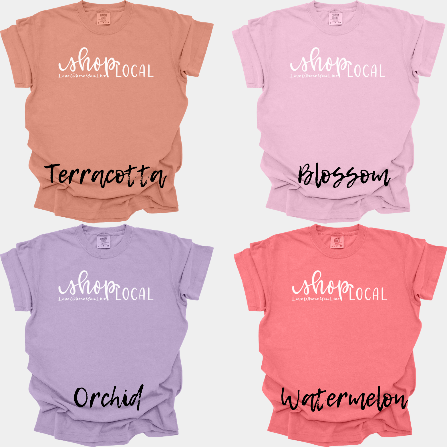 Four t-shirts in different colors with 'shop local' text on a white background