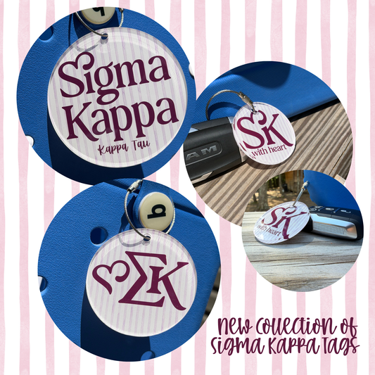 Three circular hanging tags for Sigma Kappa are shown in a collage on a pink striped background. The tags are white with thin gray pinstripes and feature dark purple text and monogram designs, including 'Sigma Kappa', 'Kappa Tau', 'ΣK with heart', and a monogram with 'Sigma Kappa'.