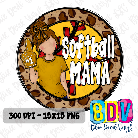 'Softball Mama' text and silhouette of a woman in a green shirt on a leopard print background. Gold Option