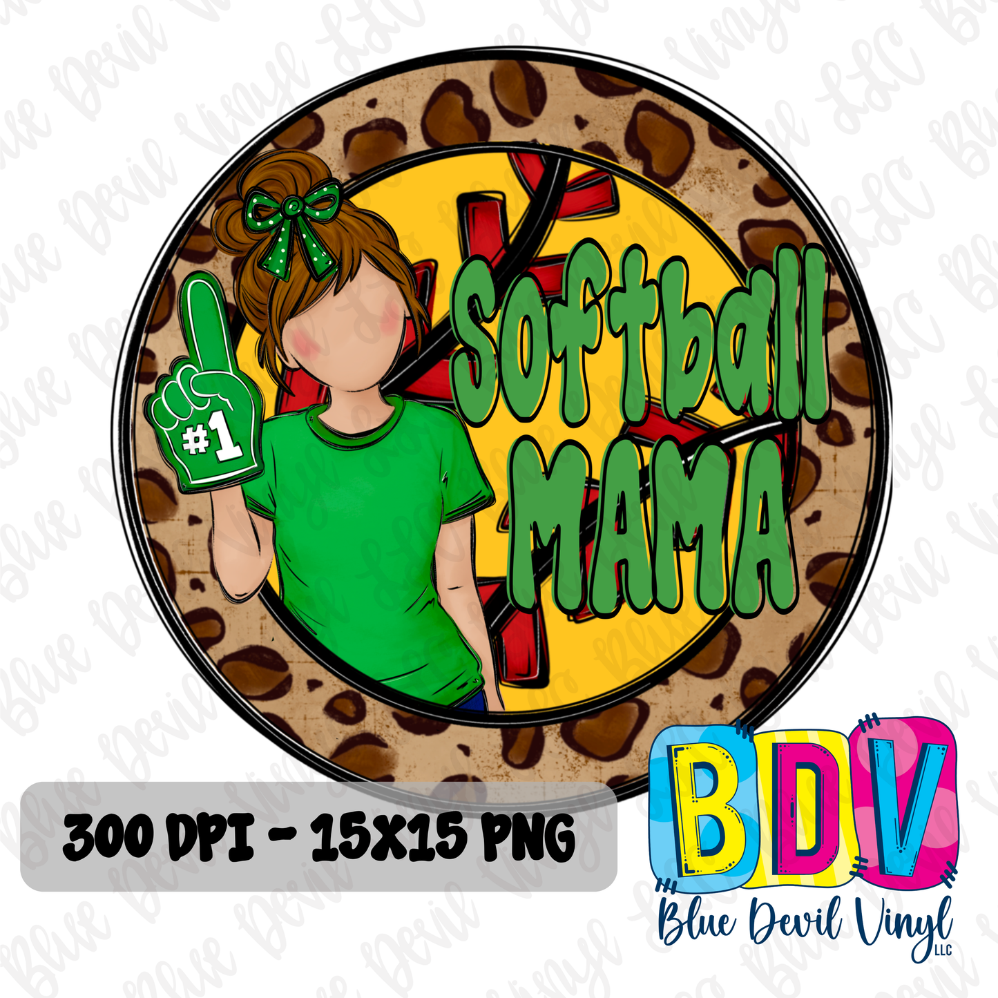 'Softball Mama' text and silhouette of a woman in a green shirt on a leopard print background. Option 1