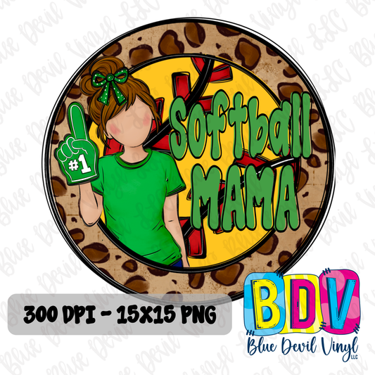 'Softball Mama' text and silhouette of a woman in a green shirt on a leopard print background. Option 1