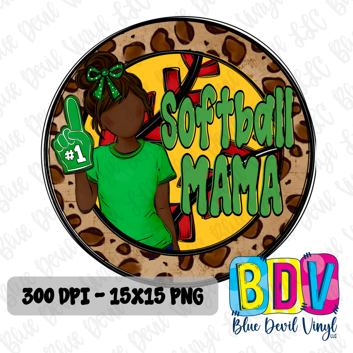 'Softball Mama' text and silhouette of a woman in a green shirt on a leopard print background. Option 2