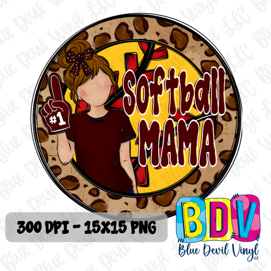 'Softball Mama' text and silhouette of a woman in a green shirt on a leopard print background. Maroon Option