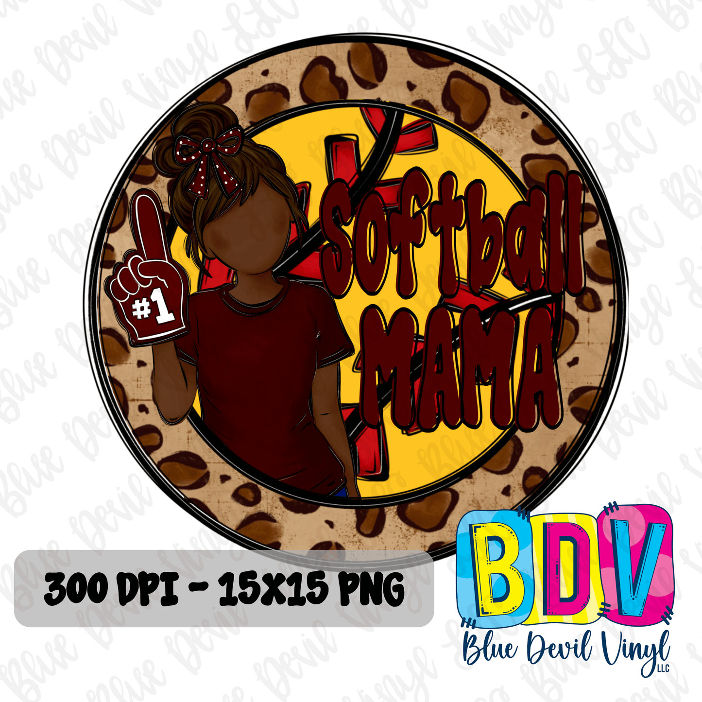 'Softball Mama' text and silhouette of a woman in a green shirt on a leopard print background. Maroon Option 2