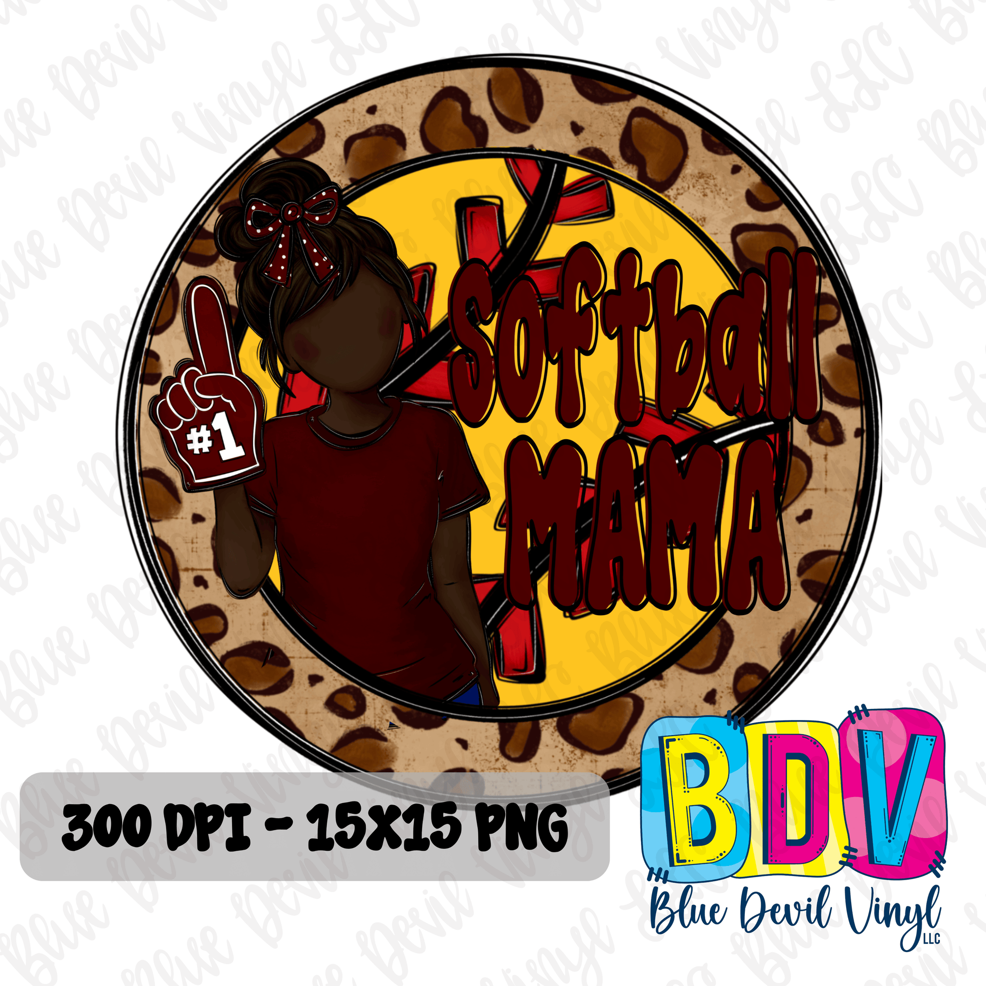 'Softball Mama' text and silhouette of a woman in a green shirt on a leopard print background. Maroon Option 3