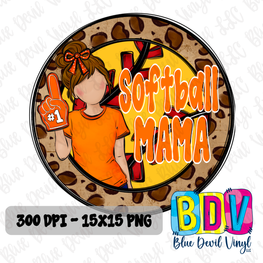 'Softball Mama' text and silhouette of a woman in orange shirt on a leopard print background. Orange Option 1