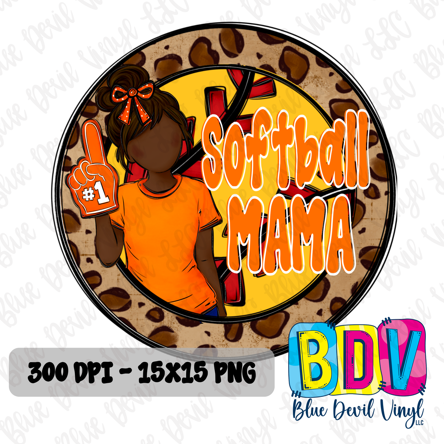 'Softball Mama' text and silhouette of a woman in orange shirt on a leopard print background. Orange Option 2