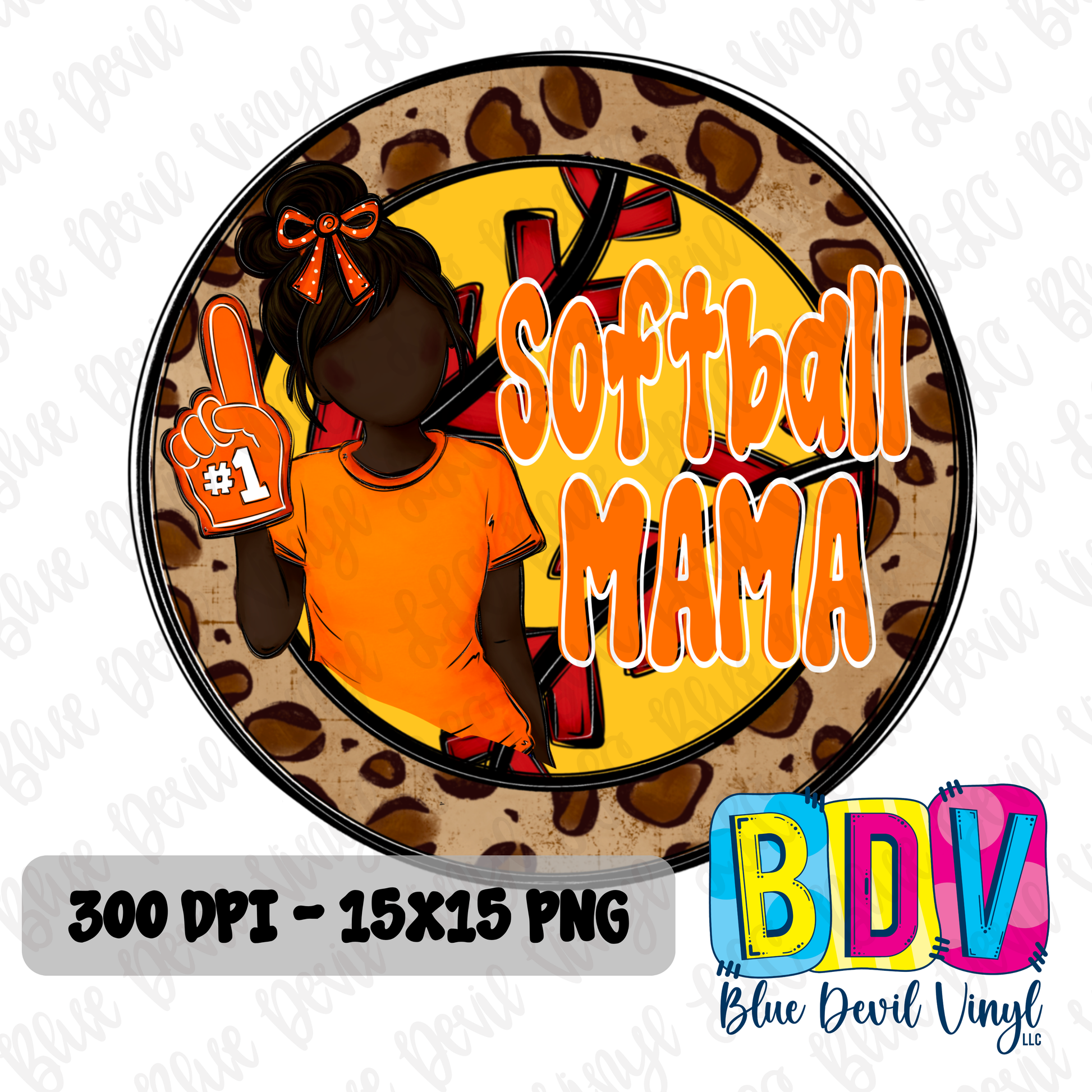 'Softball Mama' text and silhouette of a woman in orange shirt on a leopard print background. Orange Option 3