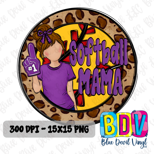 'Softball Mama' text and silhouette of a woman in a green shirt on a leopard print background. Purple Option
