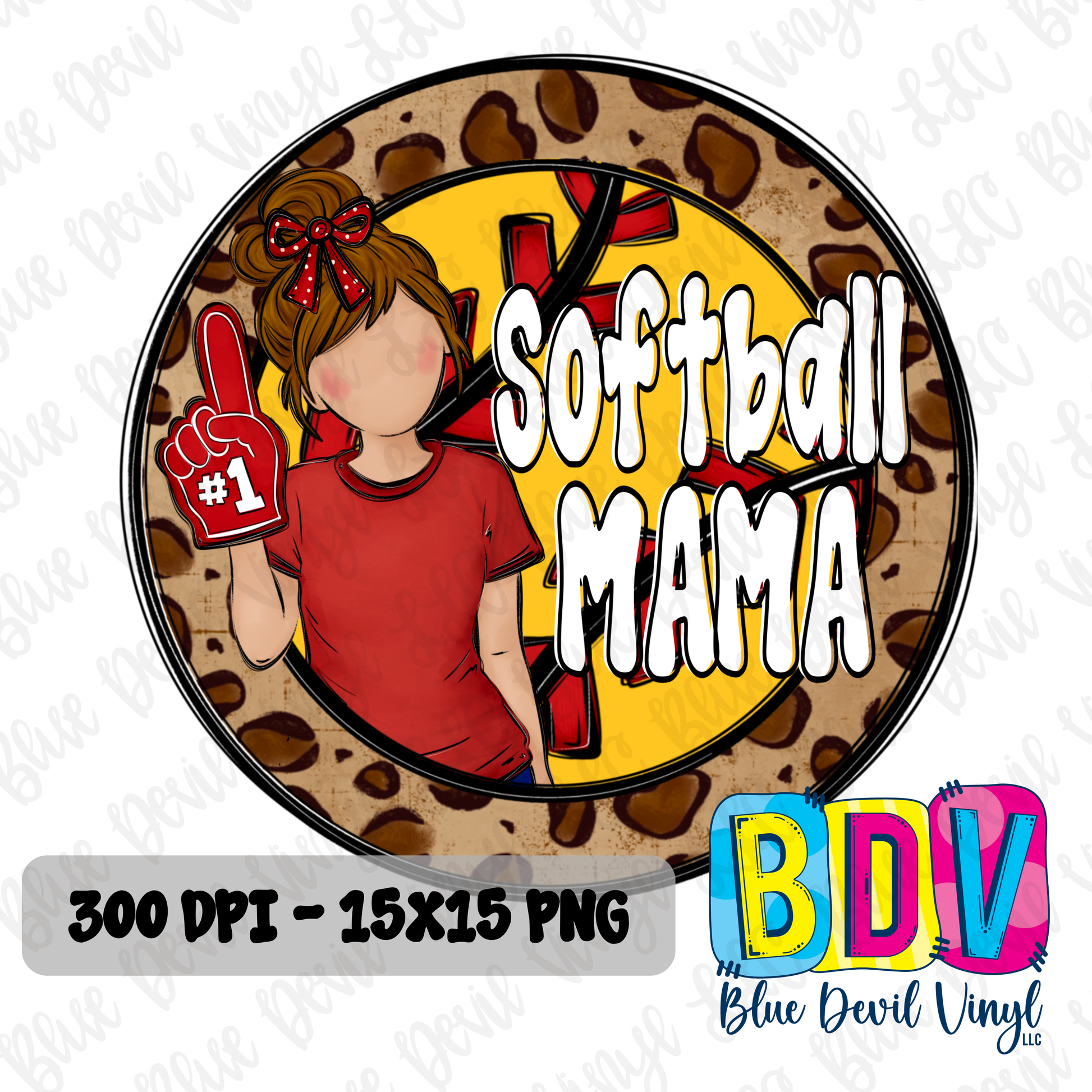 'Softball Mama' text and silhouette of a woman in a green shirt on a leopard print background. Red Option