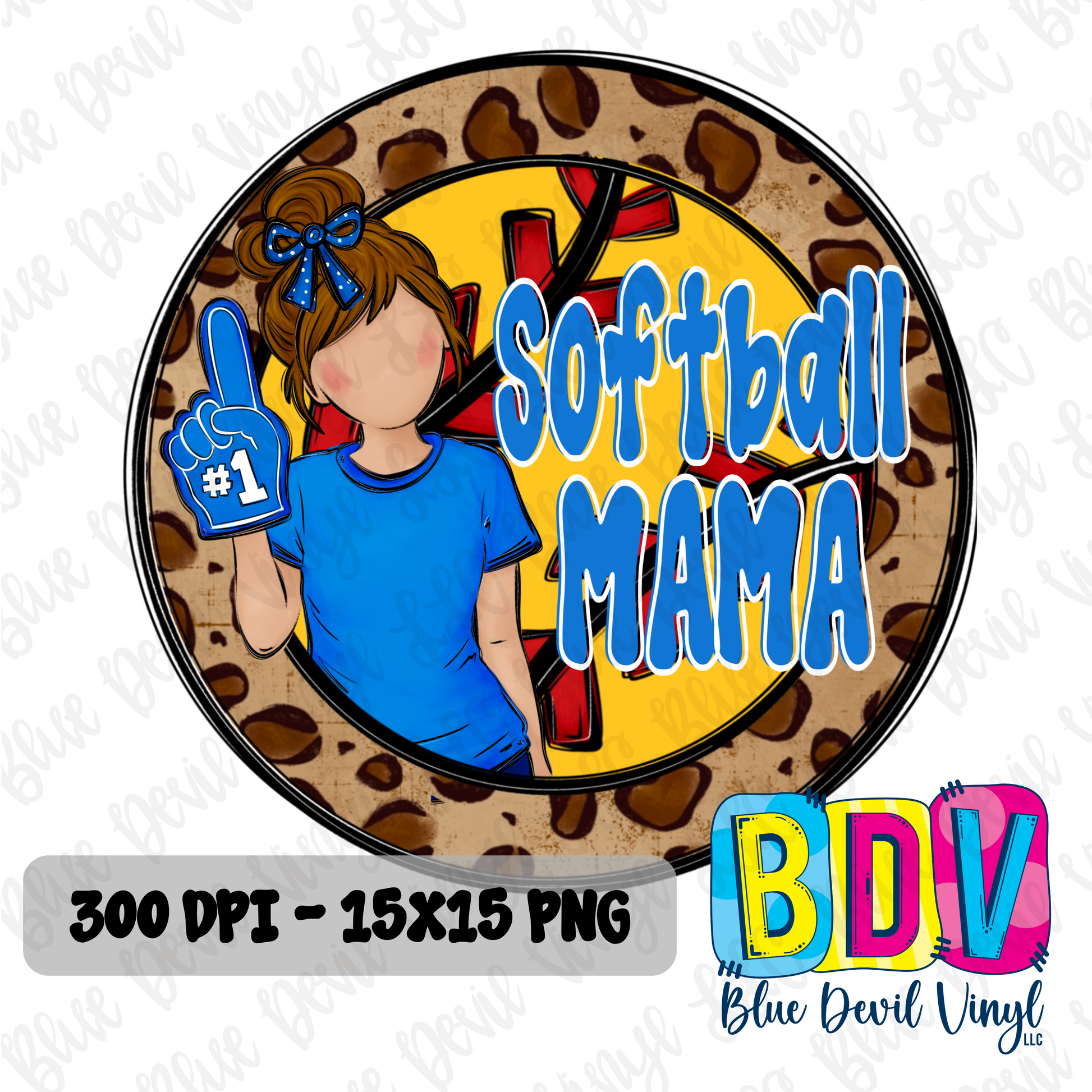 'Softball Mama' text and silhouette of a woman in a blue shirt on a leopard print background. Royal Blue Option