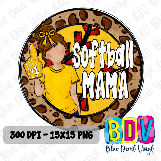 'Softball Mama' text and silhouette of a woman in a green shirt on a leopard print background. Yellow option