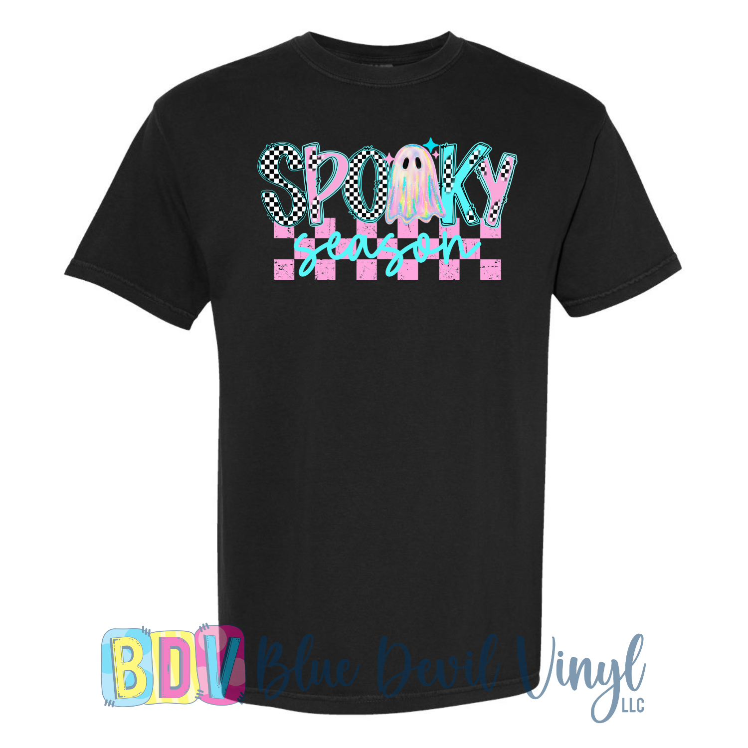 Black t-shirt with 'Spooky Season' text and checkered design.