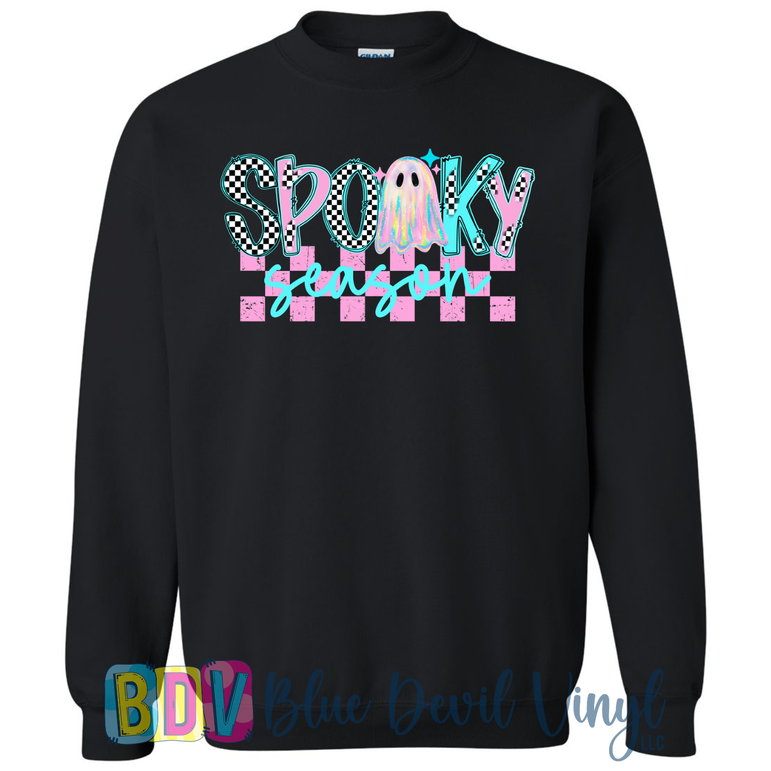 Black sweatshirt with 'Spooky Season' text and ghost design.