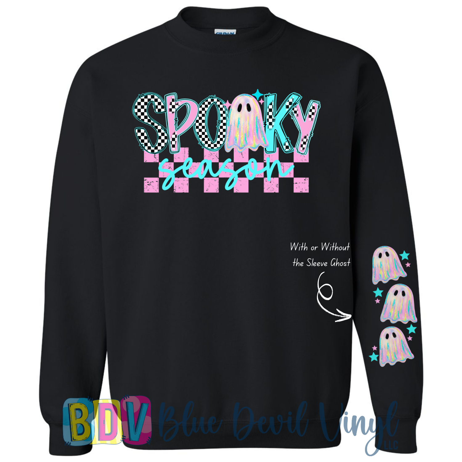 Black sweatshirt with 'Spooky Season' text and ghost graphics on a white background