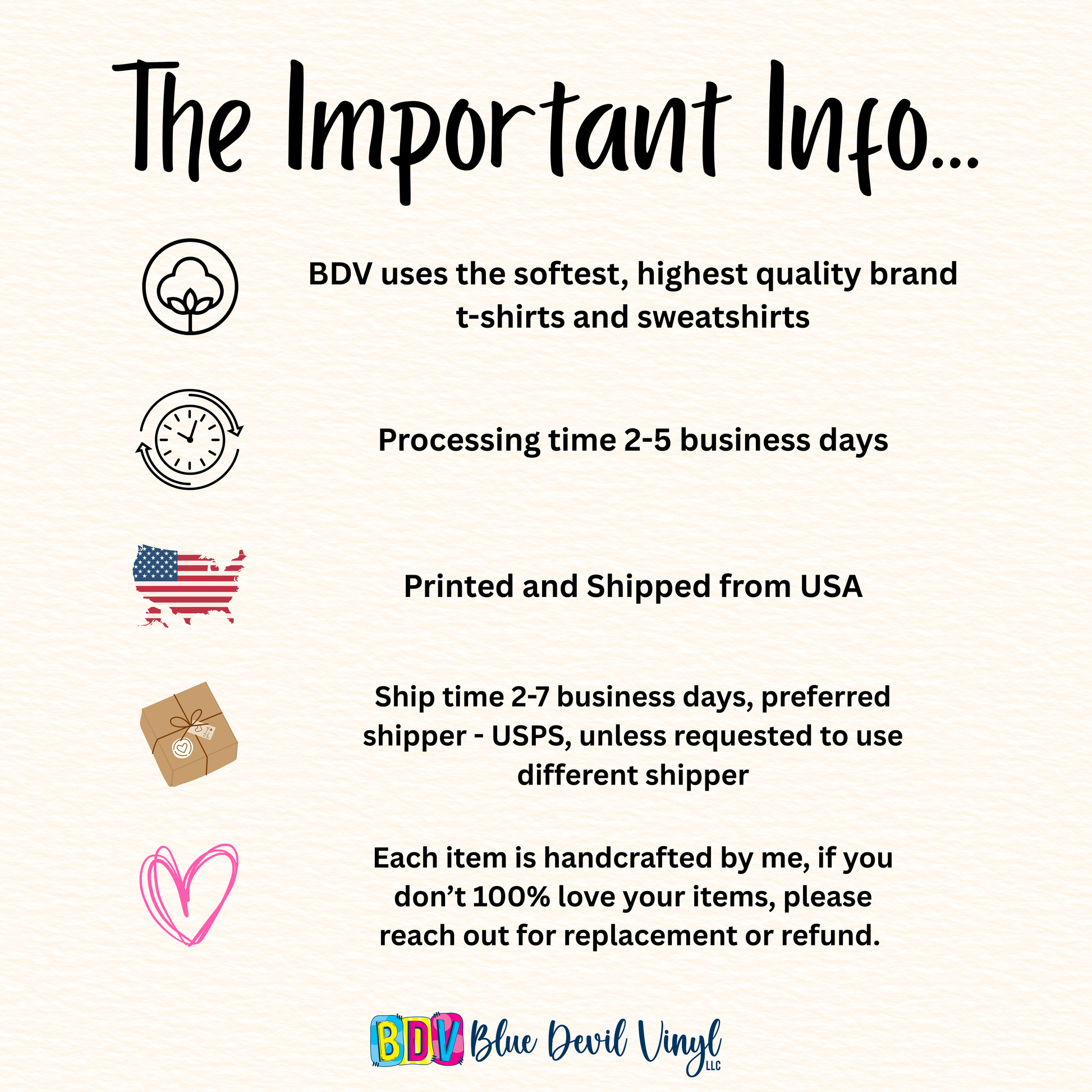 Informational text about BDV's t-shirts and sweatshirts, including quality, processing time, shipping details, and return policy.