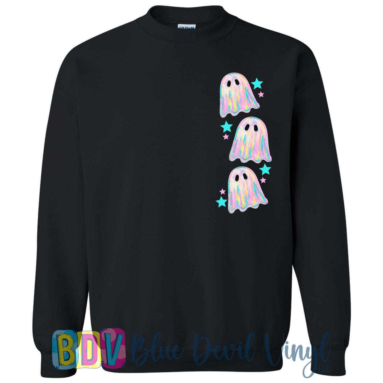 Black sweatshirt with bright ghost design 