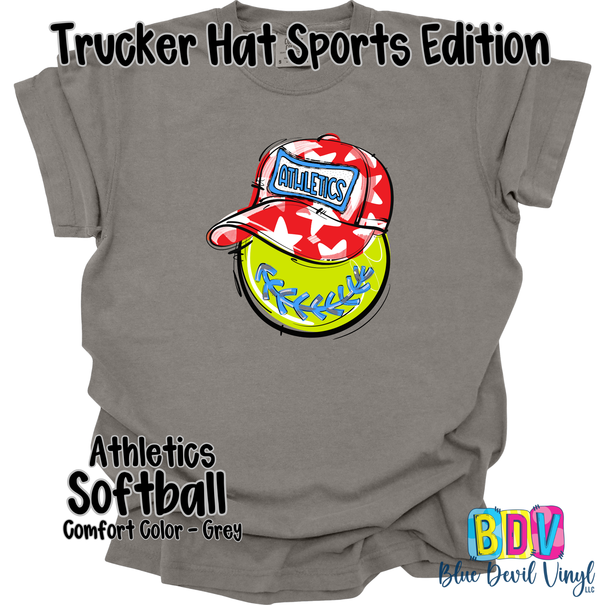 Grey Comfort Colors Tee with Athletics Softball Print on Front. 