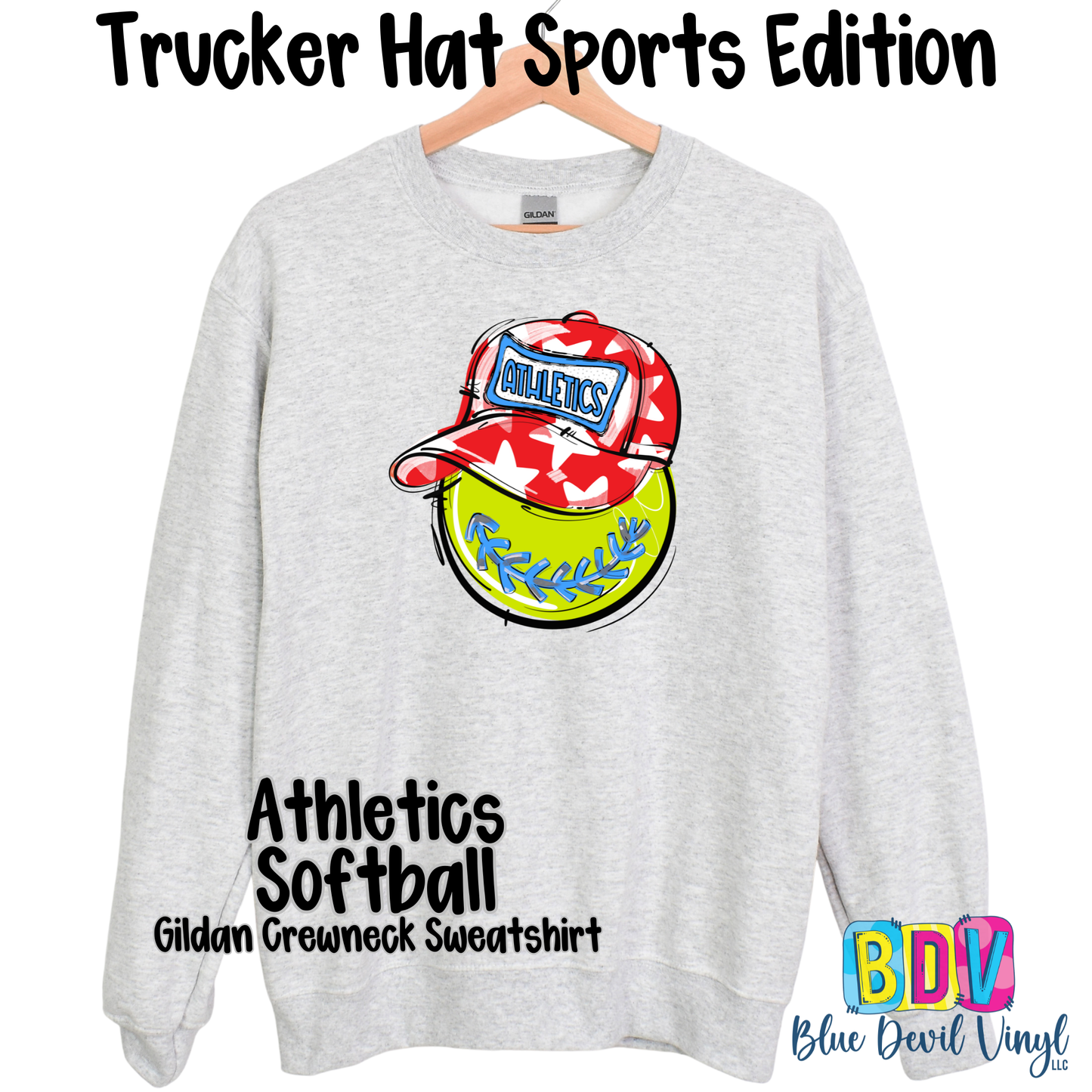 Sport Grey Gildan Crewneck with Athletics Softball Print on Front. 