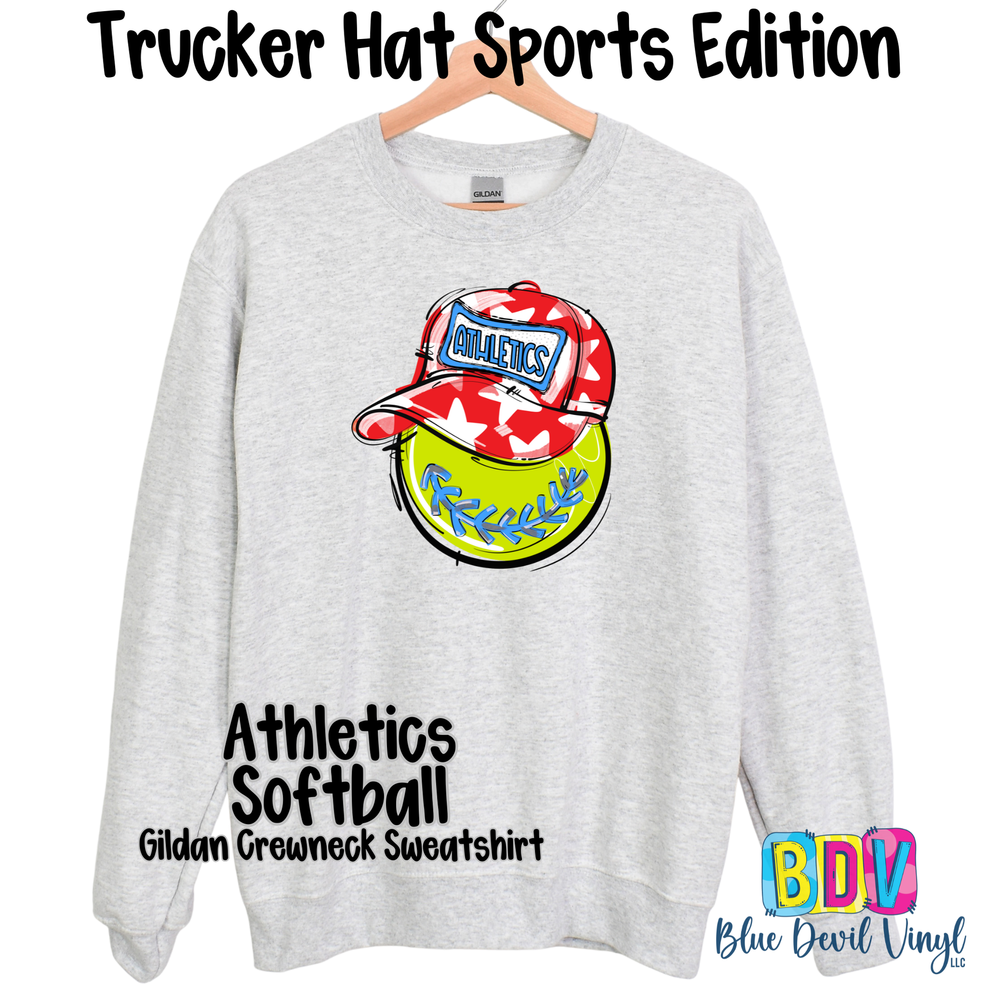 Sport Grey Gildan Crewneck with Athletics Softball Print on Front. 
