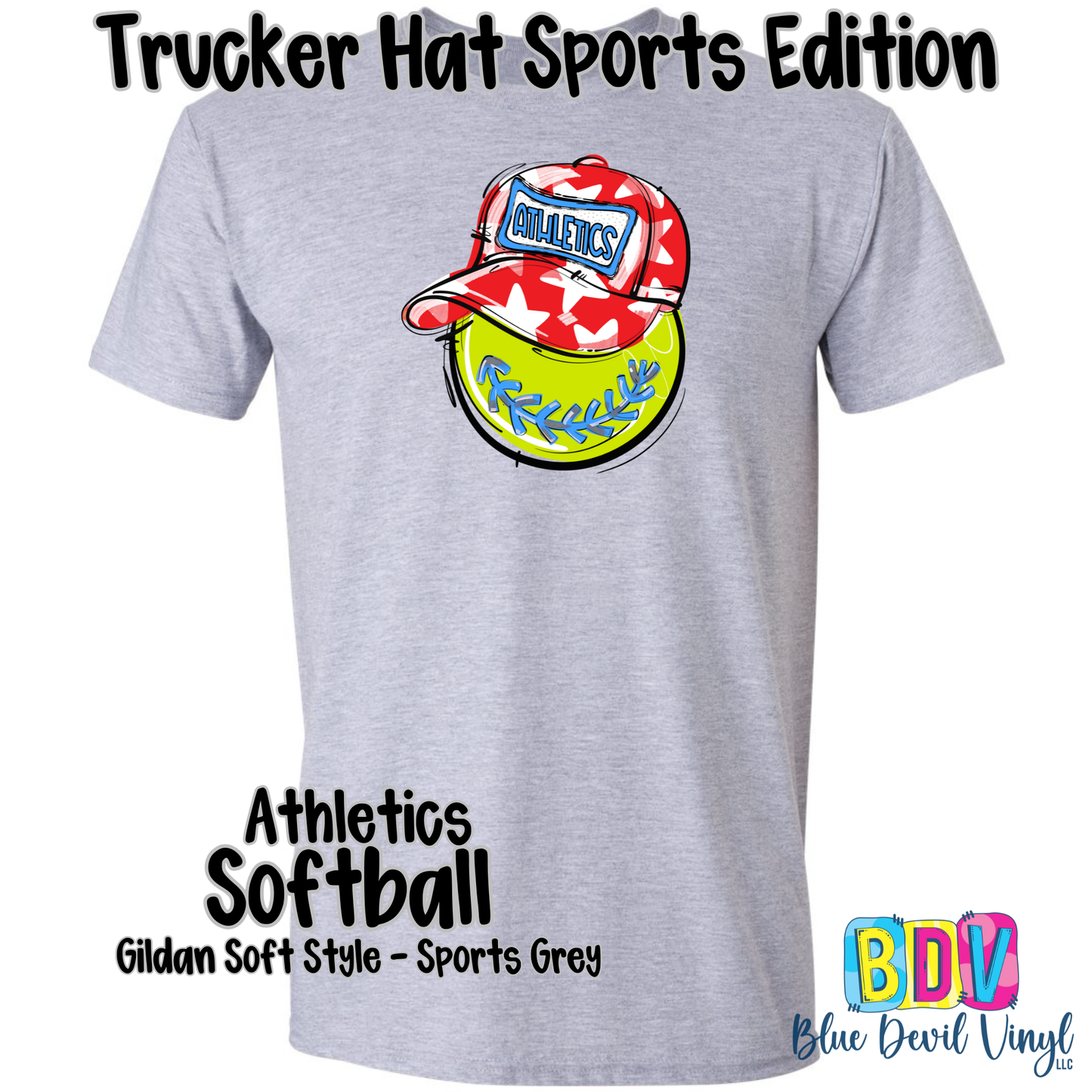 Sport Grey Gildan Tee with Athletics Softball Print on Front. 