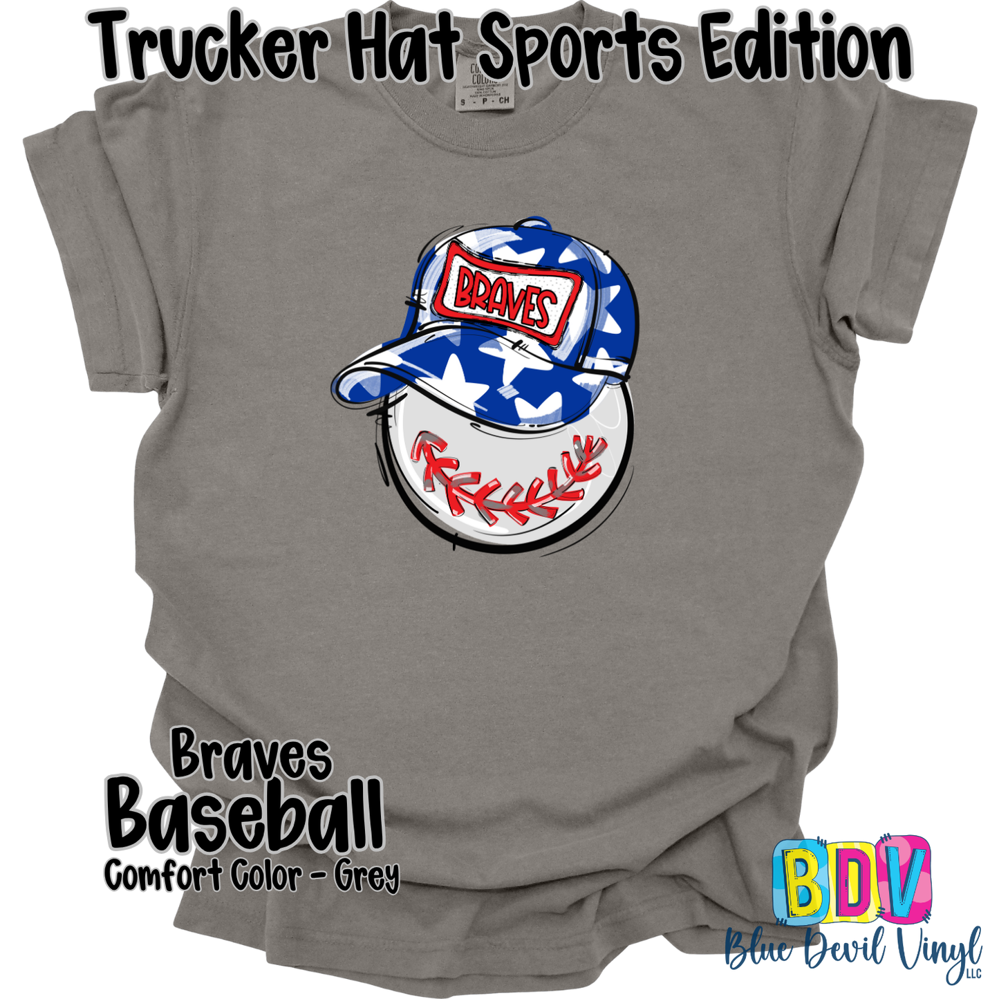 Grey Comfort Colors Tee with Braves Baseball Print on Front.