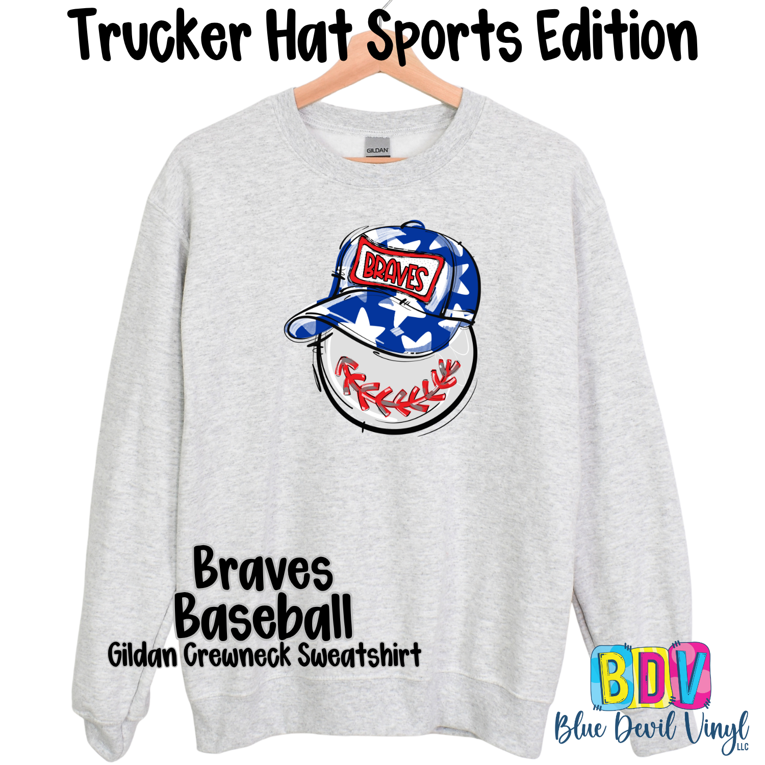 Sport Grey Gildan Crewneck with Braves Baseball Print on Front.
