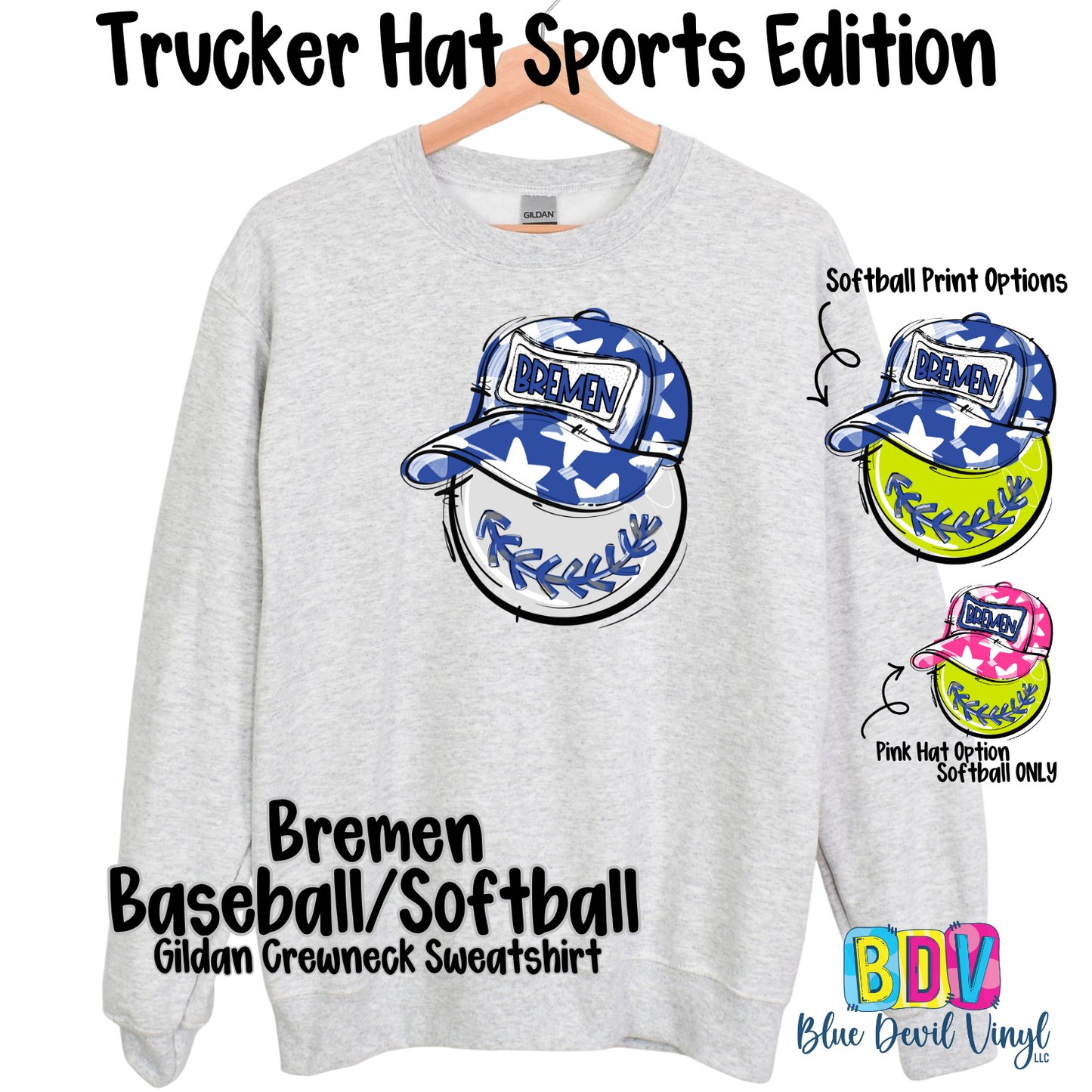 Sports Grey Gildan Crewneck with Bremen Baseball Print on Front, also showing Softball option and Softball with pink hat option. 