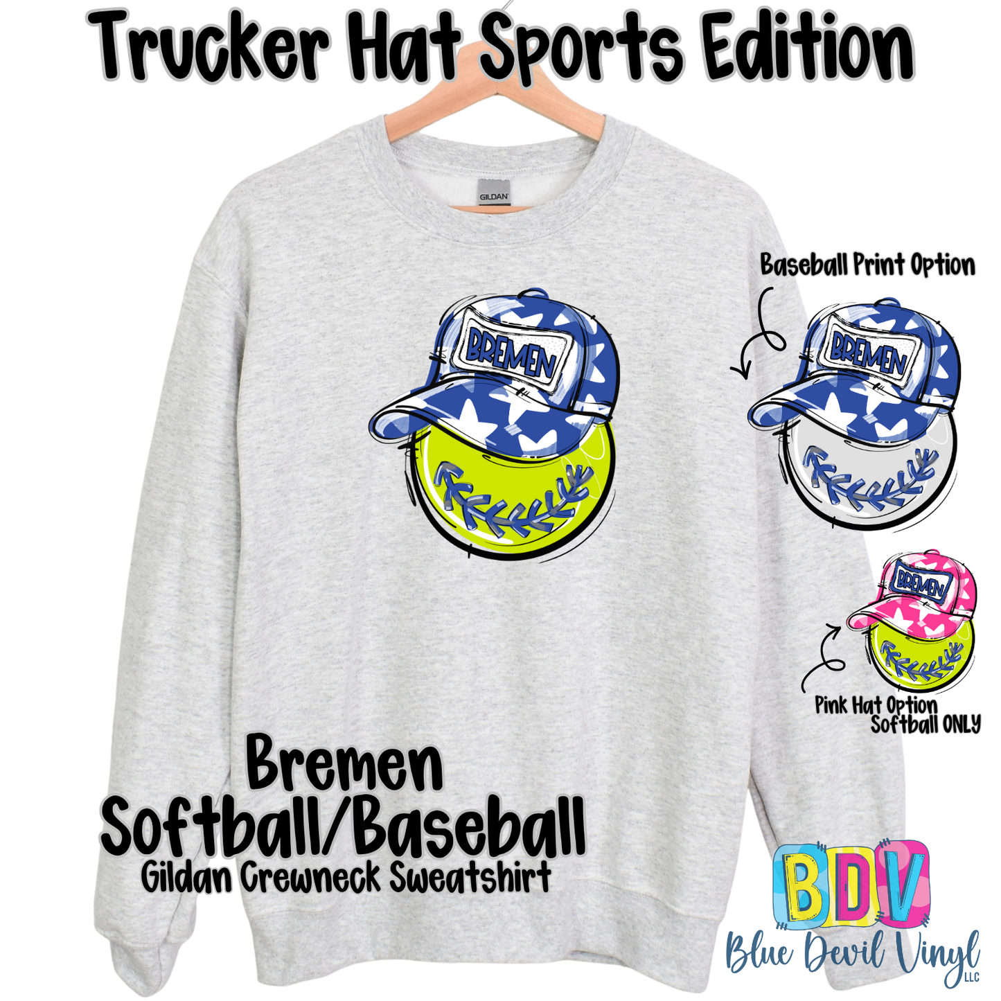 Sports Grey Gildan Creneck with Bremen Softball Print on Front, also showing Baseball option and Softball with pink hat option. 