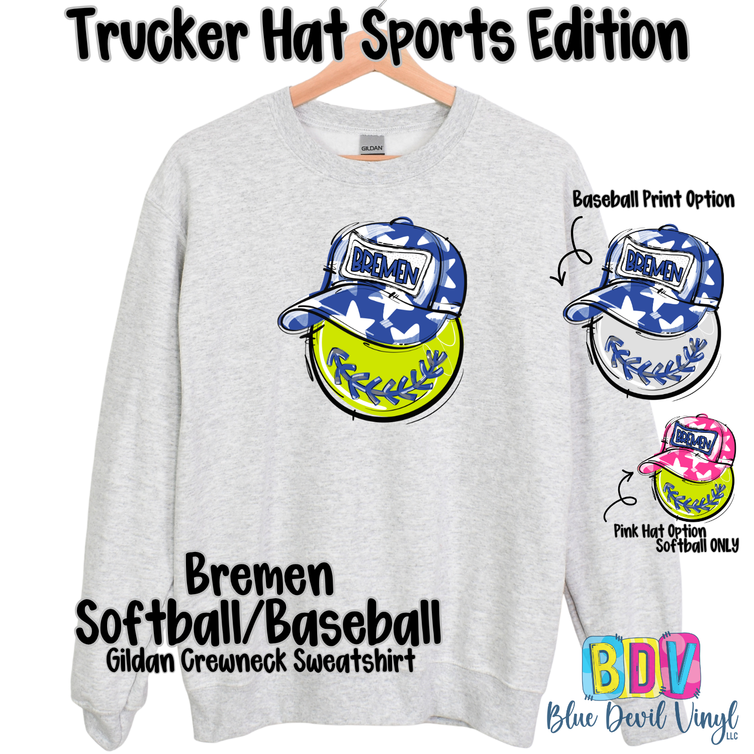 Sports Grey Gildan Creneck with Bremen Softball Print on Front, also showing Baseball option and Softball with pink hat option. 
