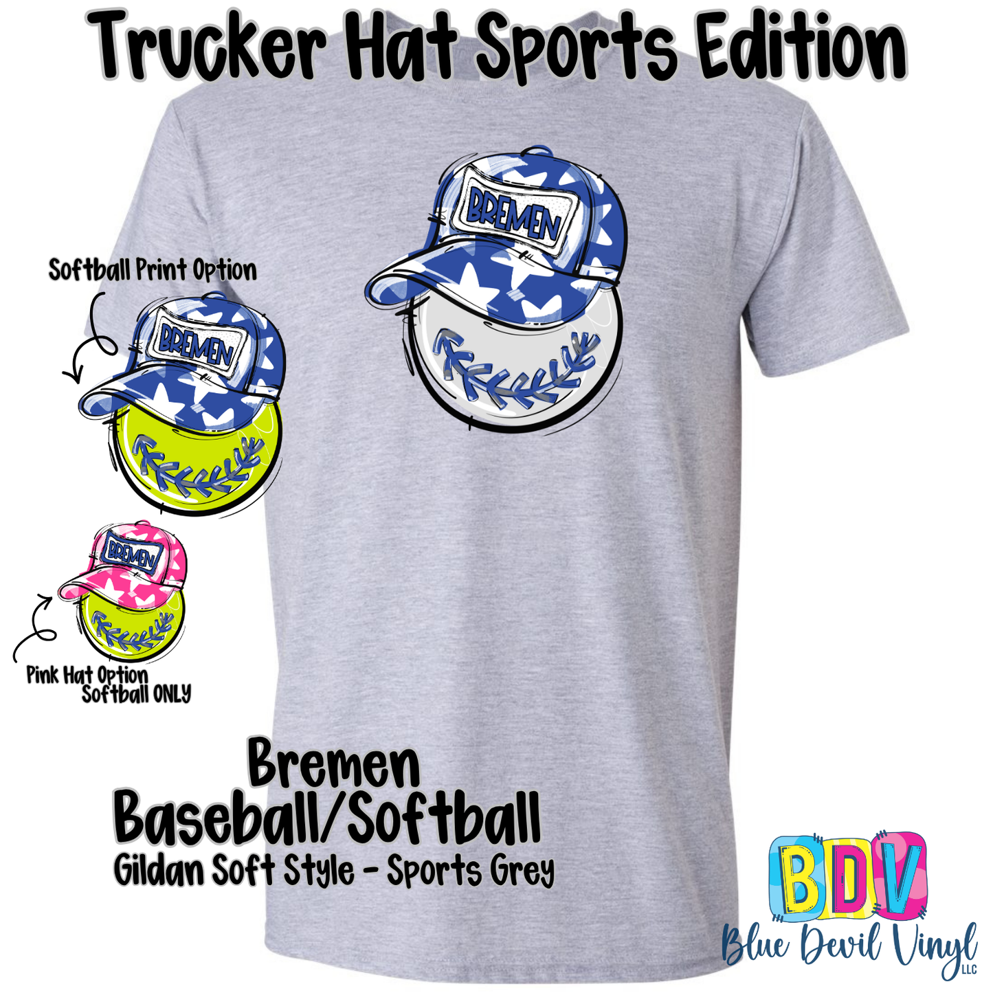 Sports Grey Gildan Tee with Bremen Baseball Print on Front, also showing Softball option and Softball with pink hat option. 