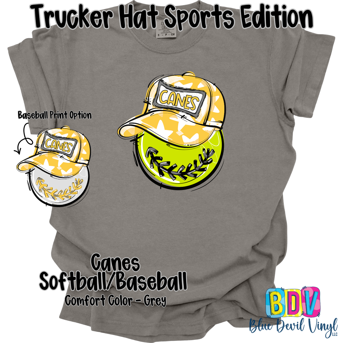 Grey Comfort Color Tee with Canes Softball Print on Front, also showing Baseball option.